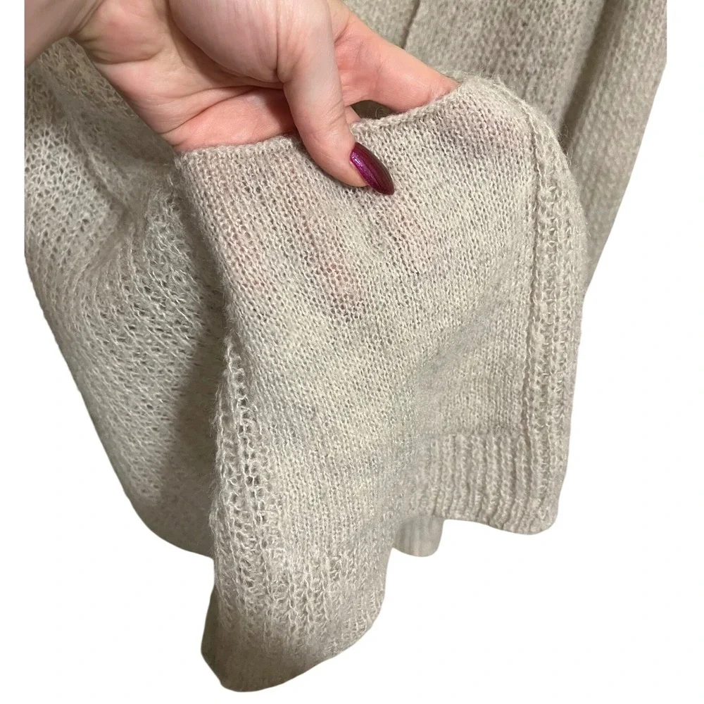 Mohair Blend Womens Cardigan Sweater Beige Knit Open Front‎ Pockets Oversized XS